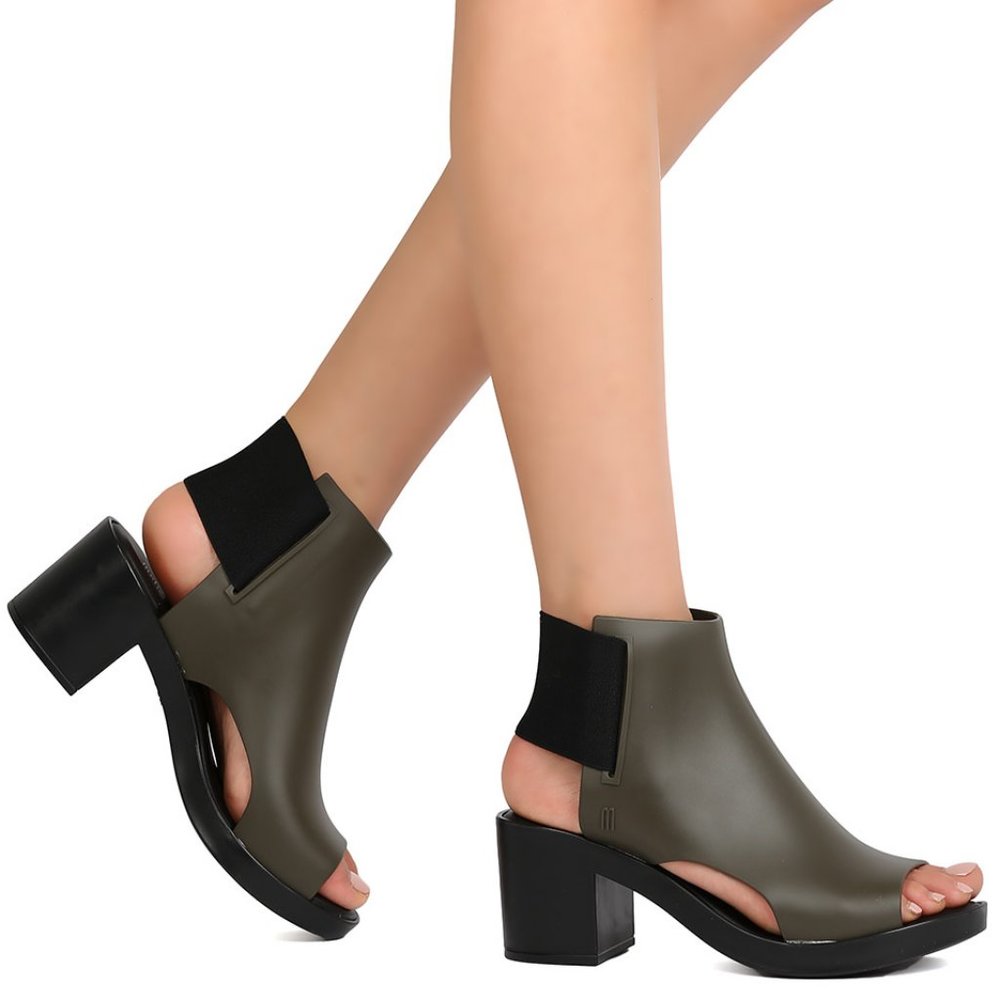 Melissa Open Toe Rubberized Chunky Blog Heel Stretch Back Strap Cutout Heels
